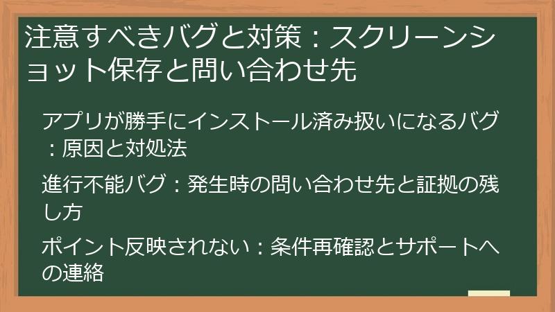 注意すべきバグと対策：スクリーンショット保存と問い合わせ先
