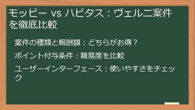 モッピー vs ハピタス：ヴェルニ案件を徹底比較
