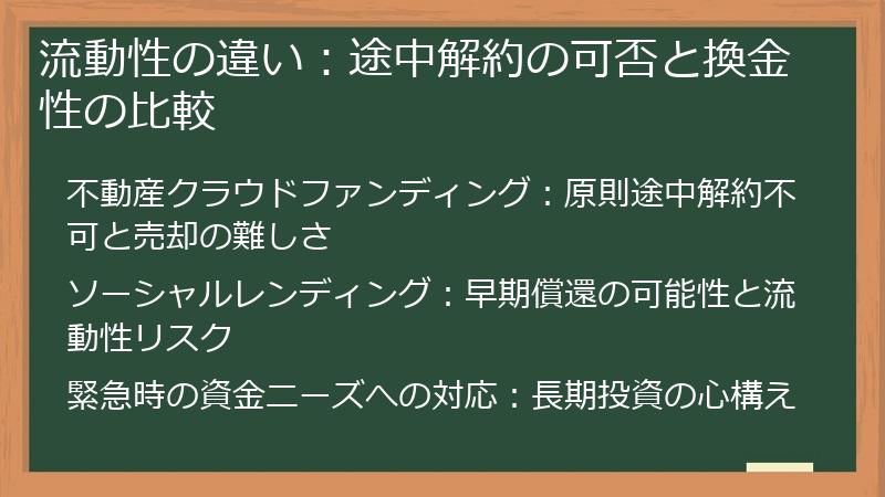 流動性の違い：途中解約の可否と換金性の比較
