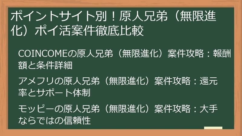 ポイントサイト別！原人兄弟（無限進化）ポイ活案件徹底比較