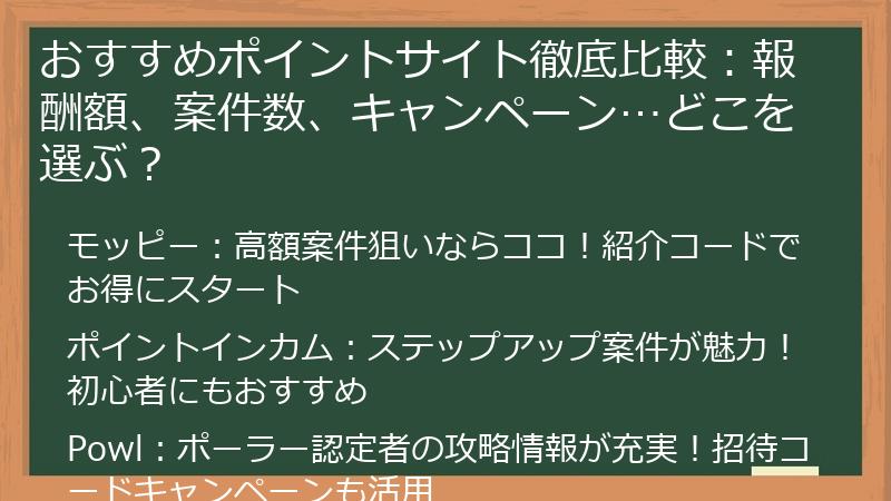 おすすめポイントサイト徹底比較：報酬額、案件数、キャンペーン…どこを選ぶ？