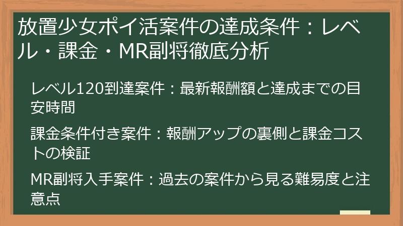 放置少女ポイ活案件の達成条件：レベル・課金・MR副将徹底分析