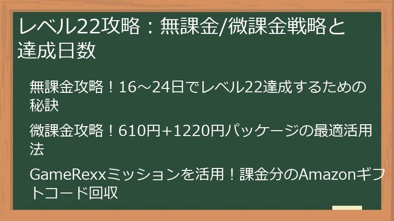 レベル22攻略：無課金/微課金戦略と達成日数