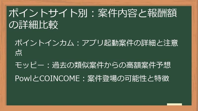 ポイントサイト別：案件内容と報酬額の詳細比較