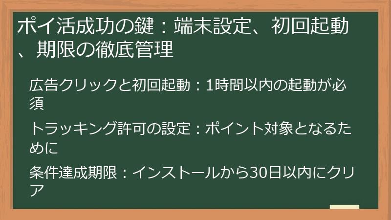 ポイ活成功の鍵：端末設定、初回起動、期限の徹底管理