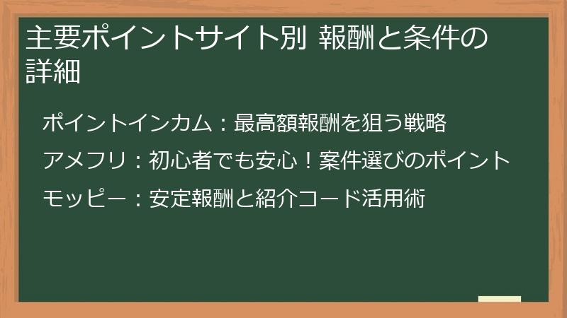 主要ポイントサイト別 報酬と条件の詳細