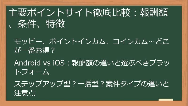 主要ポイントサイト徹底比較：報酬額、条件、特徴