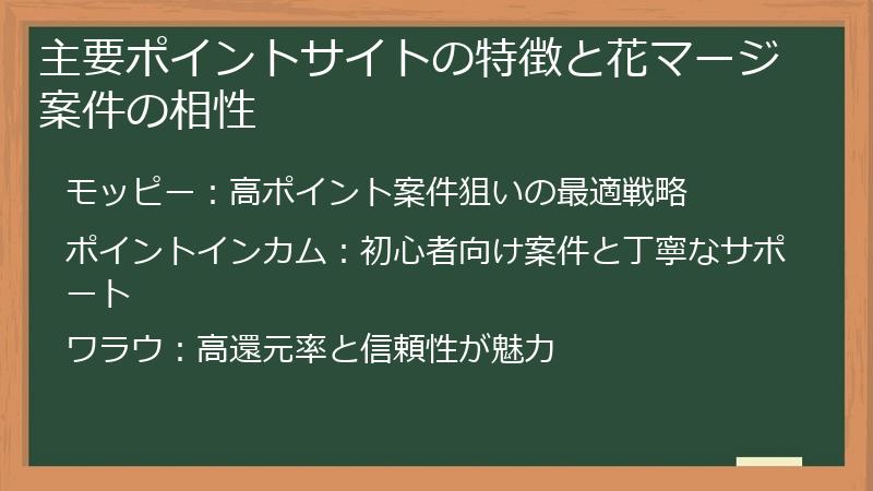 主要ポイントサイトの特徴と花マージ案件の相性