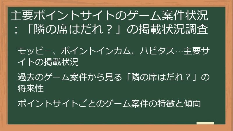 主要ポイントサイトのゲーム案件状況：「隣の席はだれ？」の掲載状況調査