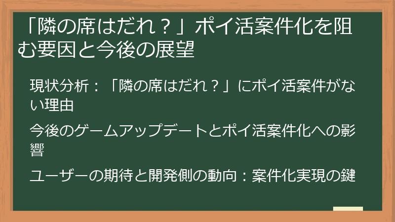 「隣の席はだれ？」ポイ活案件化を阻む要因と今後の展望