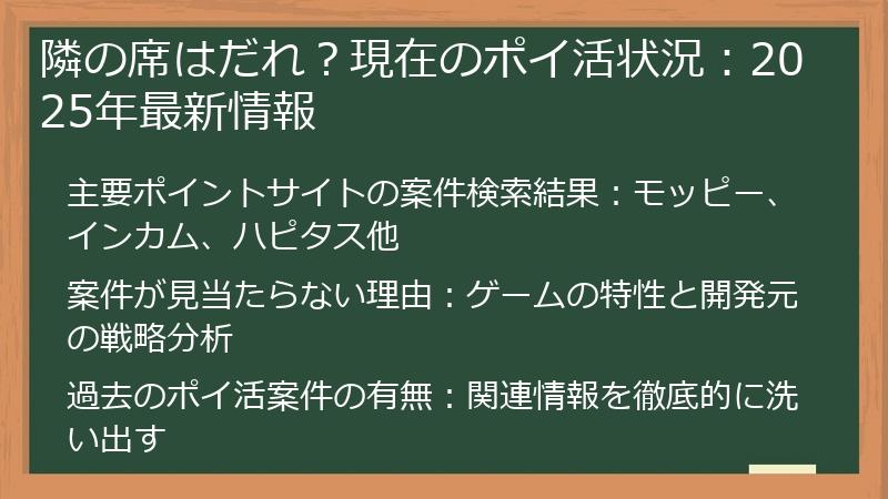 隣の席はだれ？現在のポイ活状況：2025年最新情報