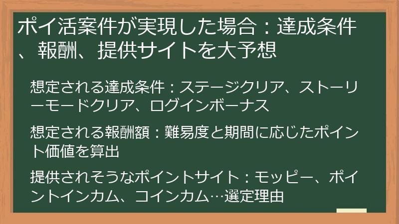 ポイ活案件が実現した場合：達成条件、報酬、提供サイトを大予想