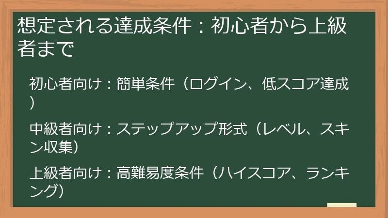 想定される達成条件：初心者から上級者まで